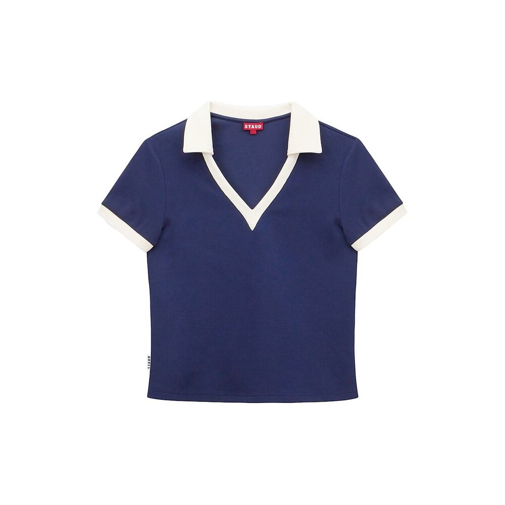 STAUD Navy and Ivory V-Neck Polo Tee
